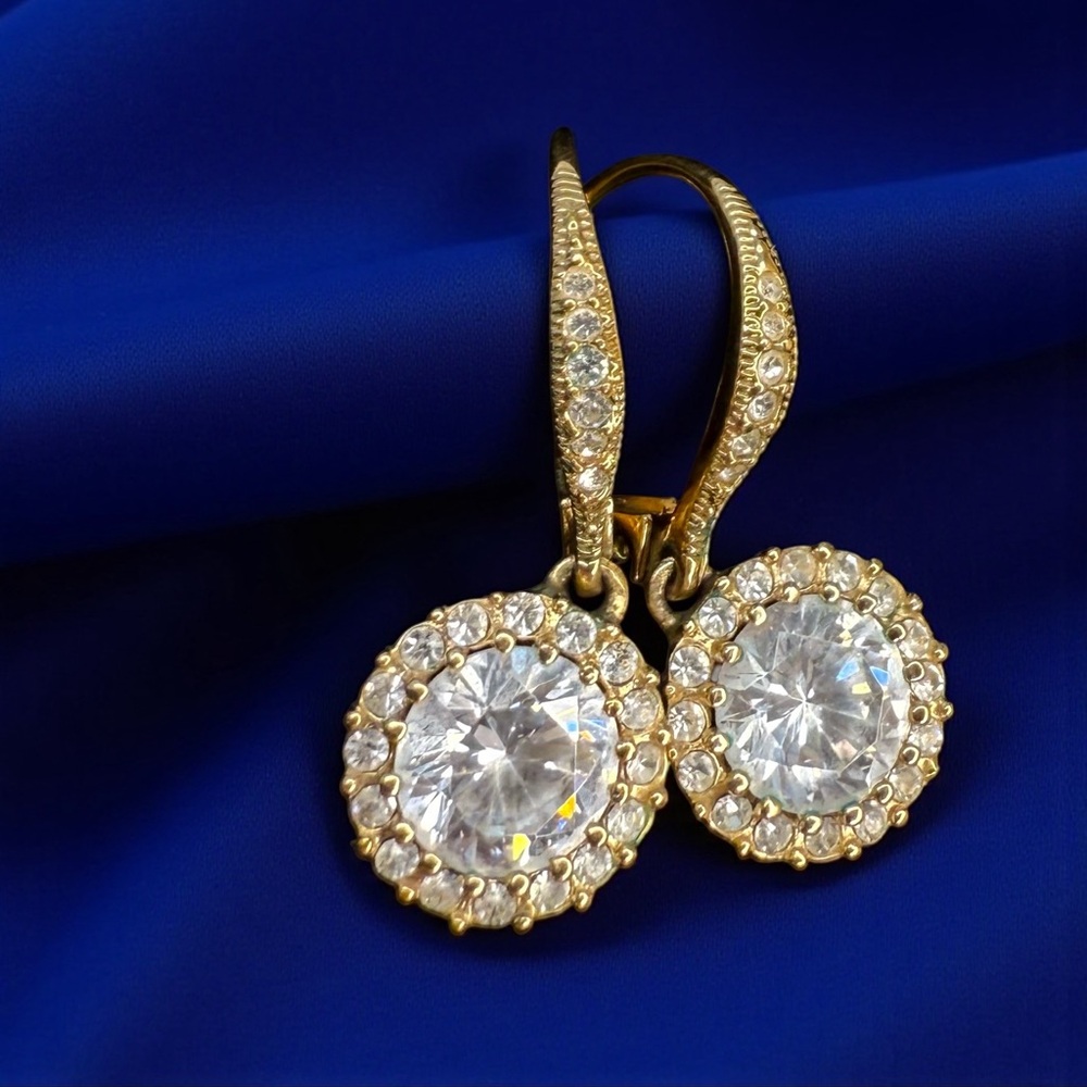 ✨ Nadri Nadra Double Halo CZ Drop Earrings – 18K Gold‑Plated Lever‑Back